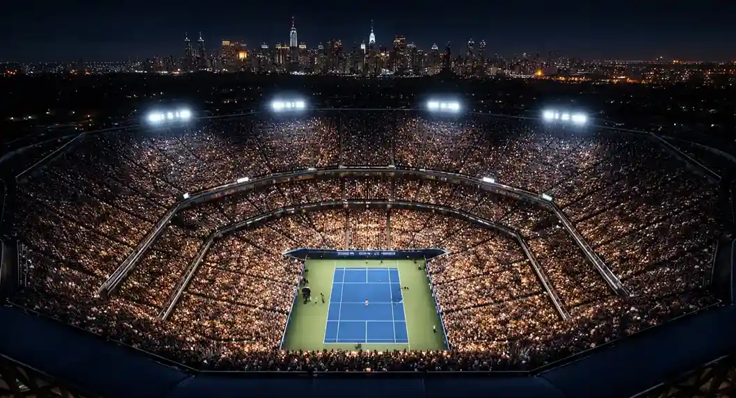 Arthur Ashe Stadium bei Nacht während der US Open mit Flutlicht und begeisterten Zuschauern