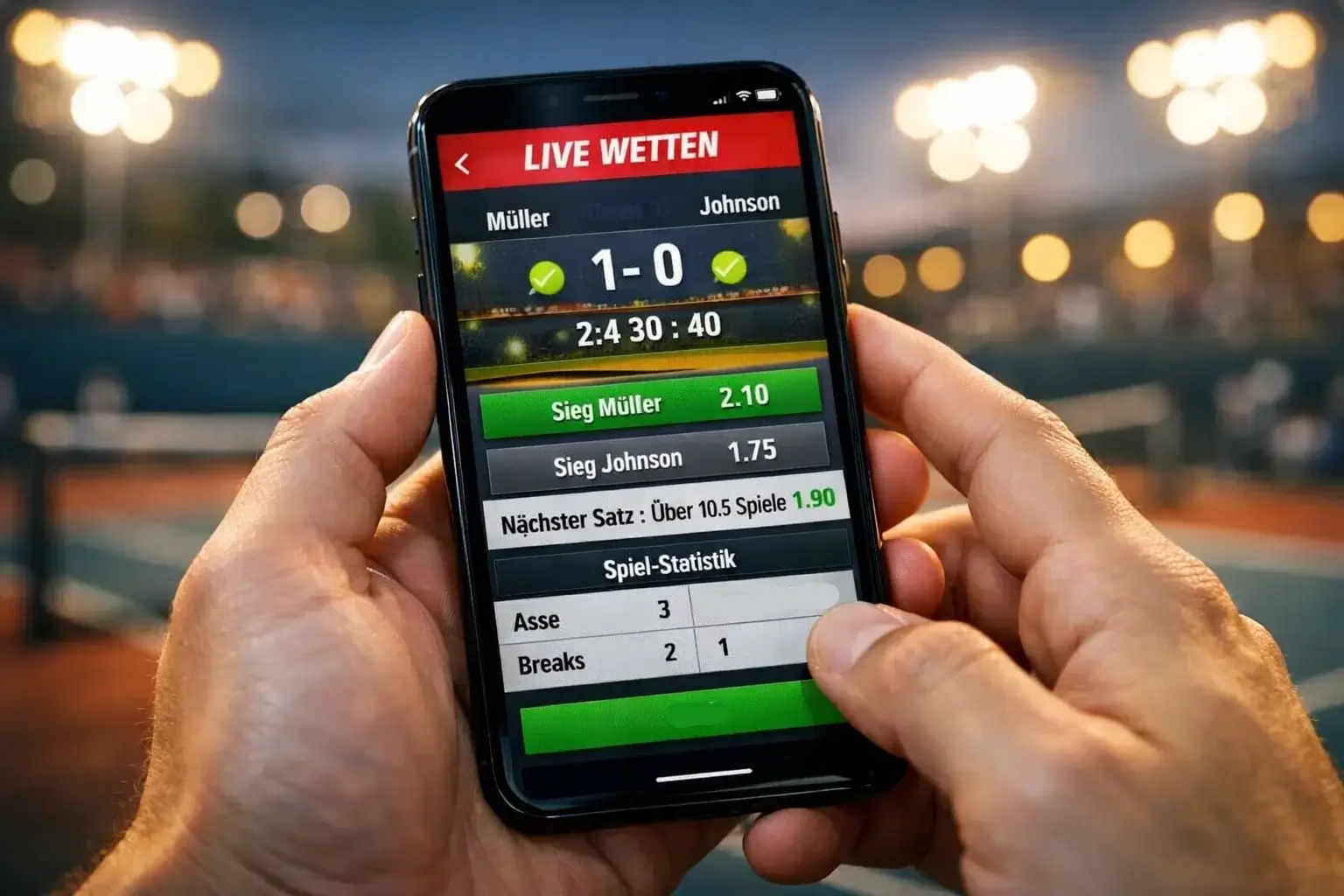 Hände halten Smartphone mit Sportwetten-App im Tennisstadion unter Flutlicht