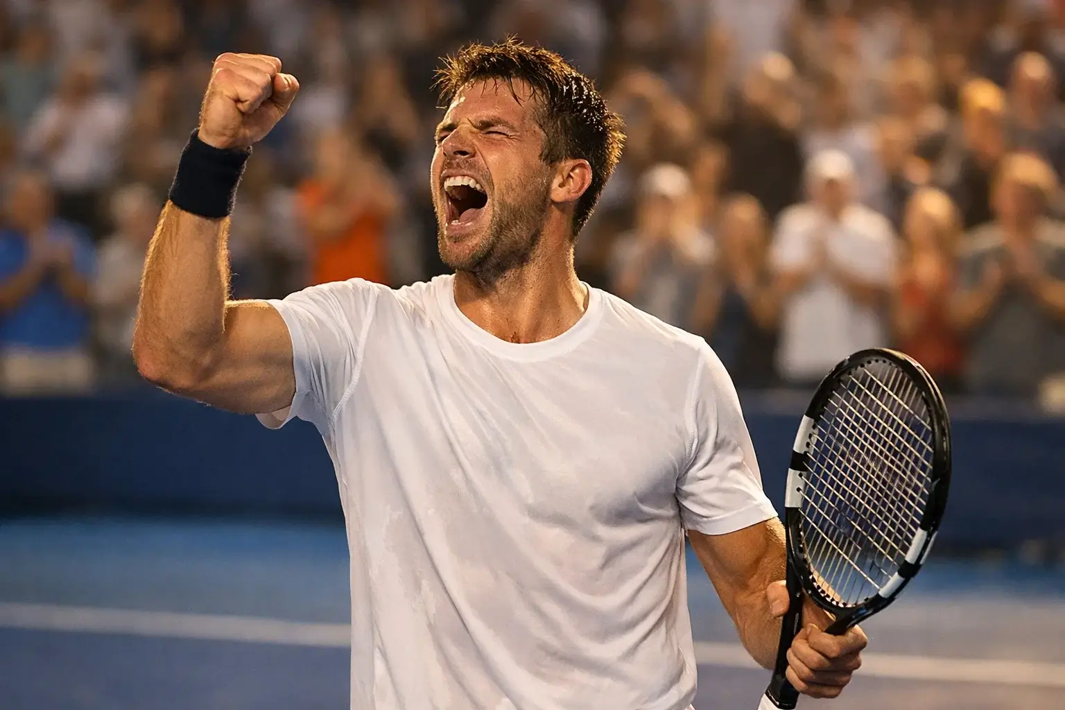 Männlicher Tennisprofi feiert Sieg auf dem Hartplatz mit erhobener Faust