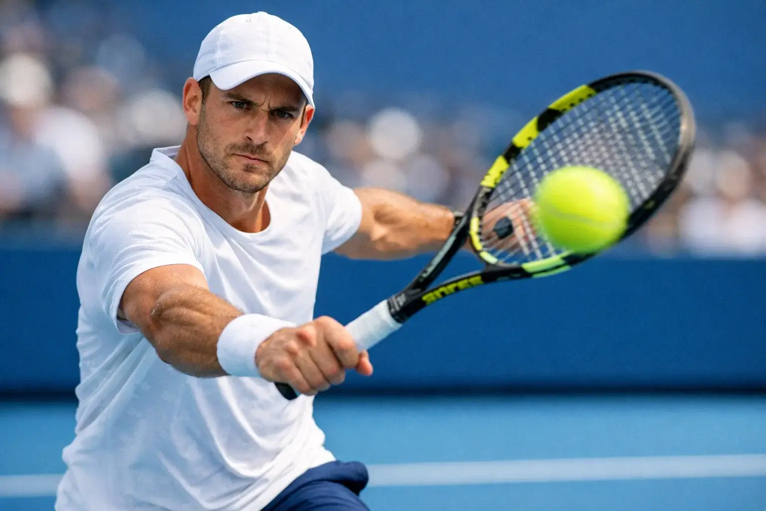 Professioneller Tennisspieler führt kraftvollen Vorhandschlag auf blauem Hartplatz aus