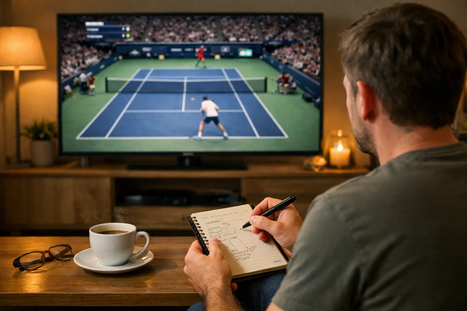 Person analysiert Tennismatch auf Fernseher und macht Notizen im Wohnzimmer