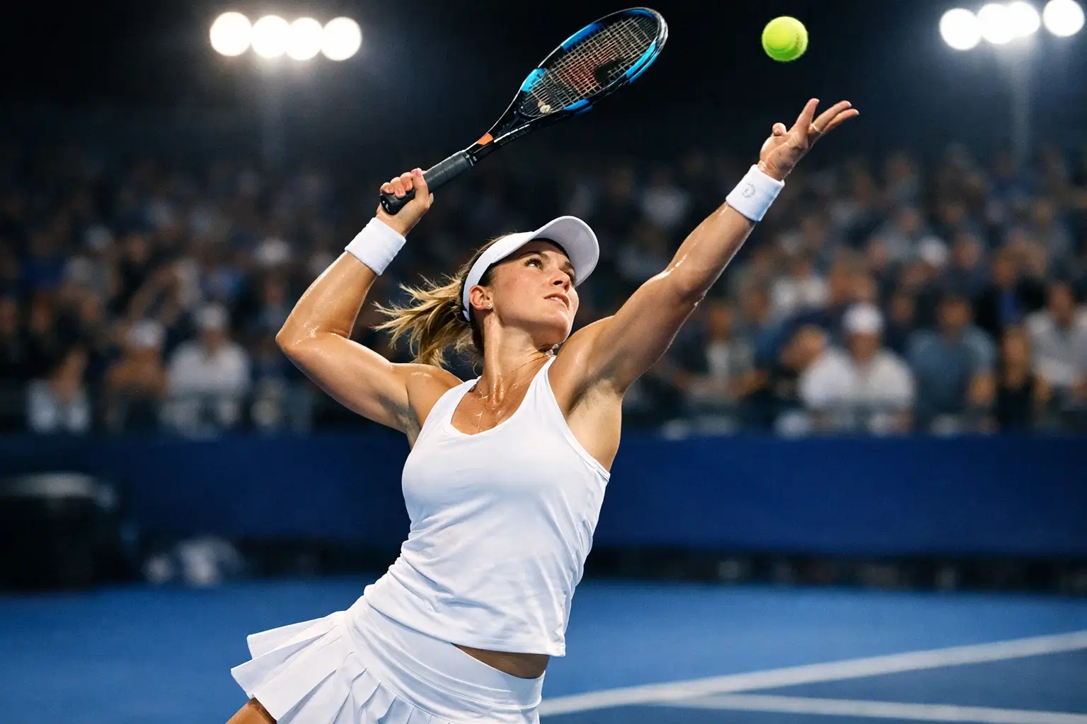 Tennisspielerin beim kraftvollen Aufschlag auf blauem Hartplatz unter Flutlicht